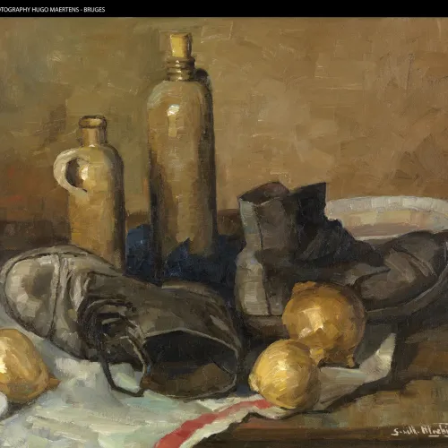 Guillaume Michiels, Stilleven met schoenen en jeneverkruiken, na 1950